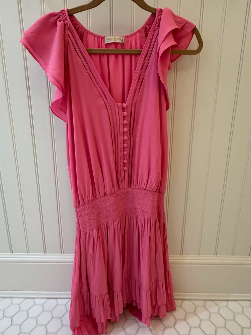 Ramy Brook Hot Pink Flutter Sleeve V-Neck High-Low Dress